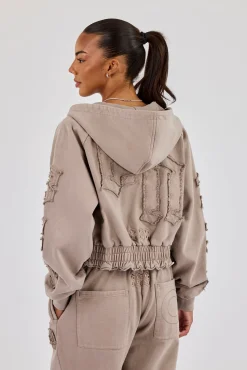 Applique Cropped Zip Hoodie - Washed Taupe