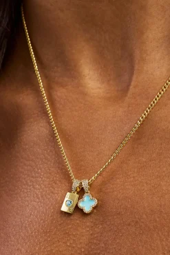Baby Blue Motif & Gem Card Necklace - 10mm - Gold