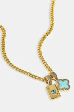 Baby Blue Motif & Gem Card Necklace - 10mm - Gold