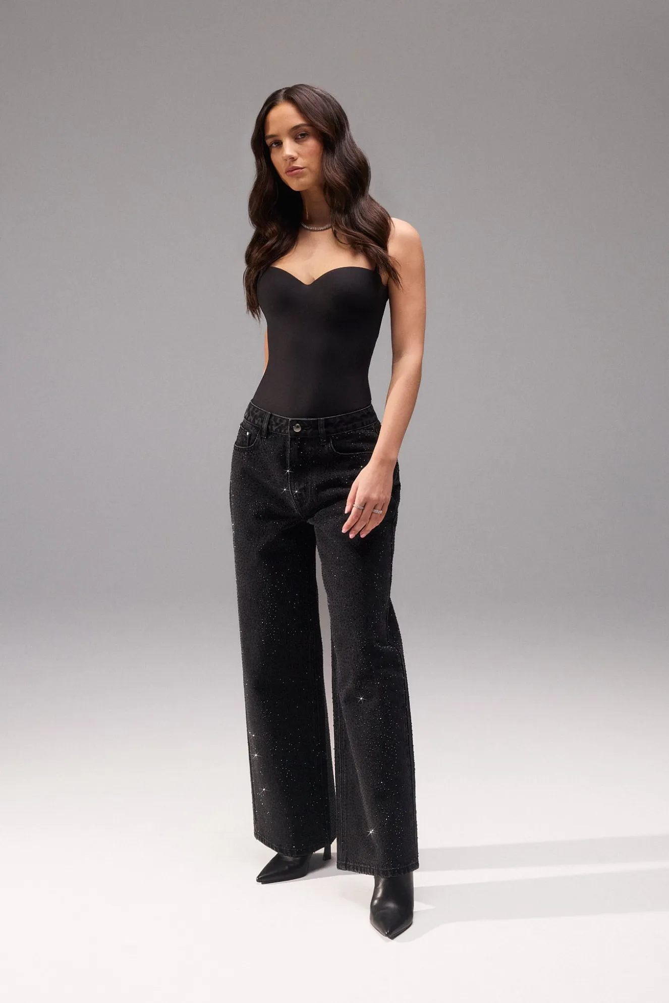 Baggy All Over Rhinestone Jean - Washed Black