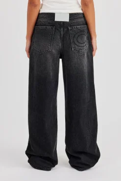 Baggy Low Waistbandless Detail Jean - Washed Black