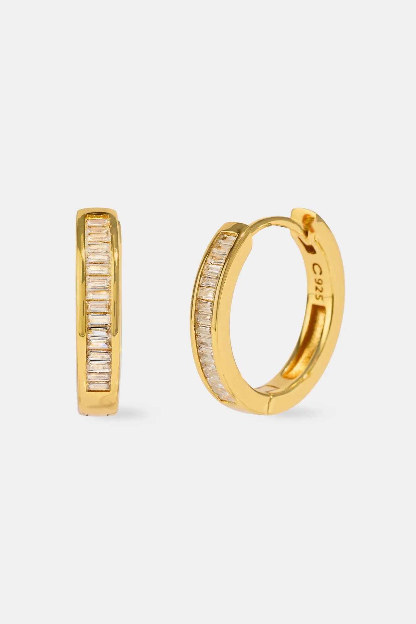 Baguette Stone Centre Hoop Earrings - 20mm - Gold