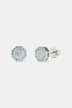 Blue Edge Iced CZ Shape Stud Earrings - 8mm