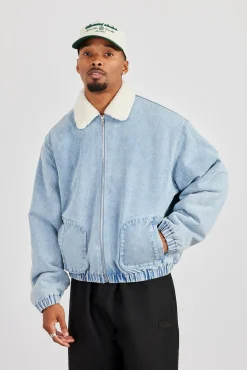 Borg Lined Denim Bomber- Light Blue