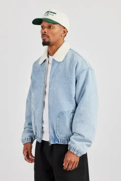 Borg Lined Denim Bomber- Light Blue