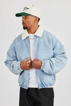 Borg Lined Denim Bomber- Light Blue