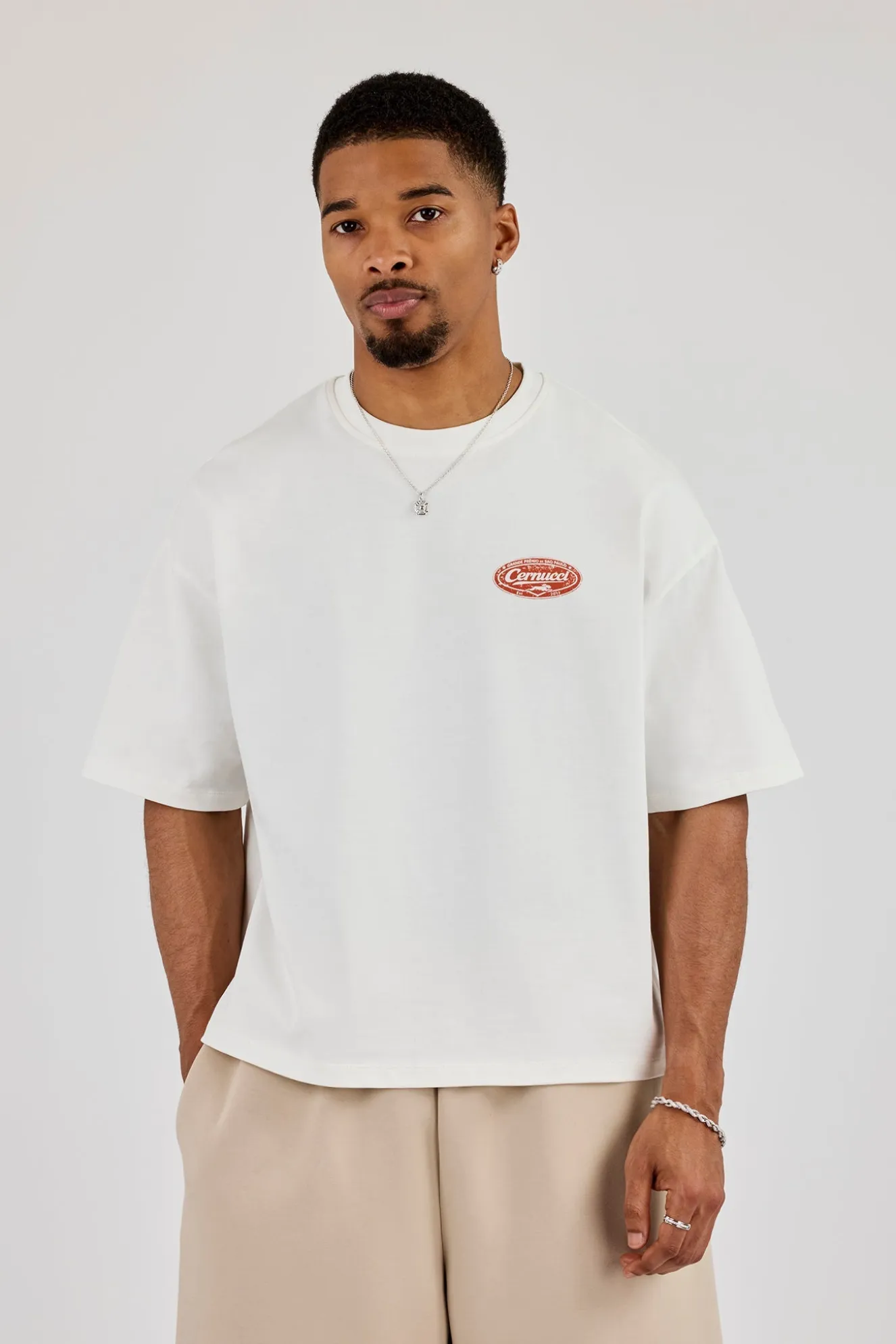 Boxy Cernucci Motors Print T-Shirt - Off White