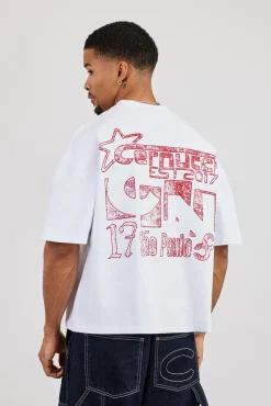 Boxy CN Est 2017 Stitch Detail Printed T-Shirt - White