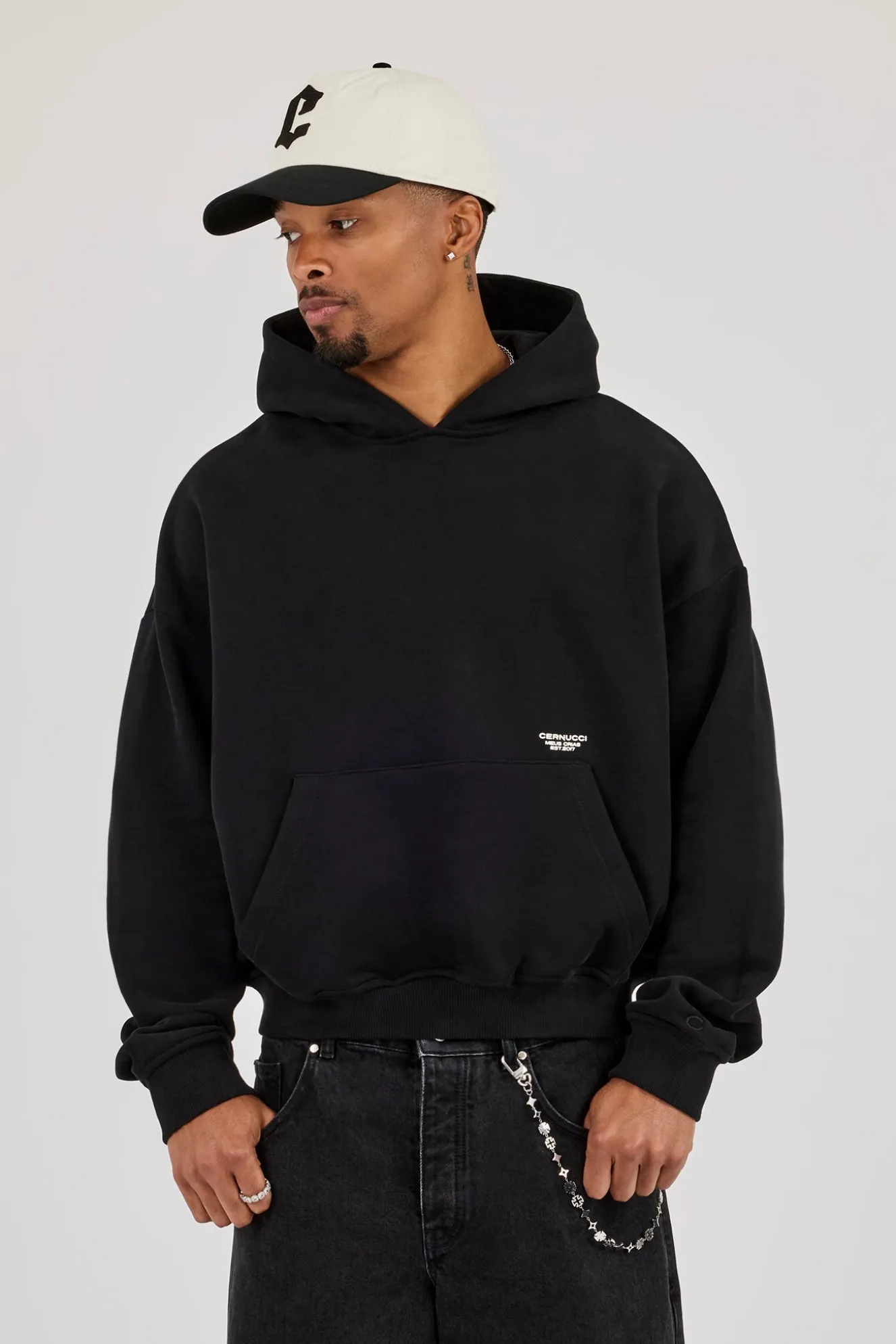 Boxy Hoodie With Micro Branding - Black