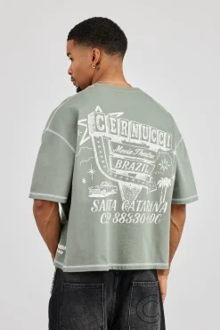 Boxy Movie Theatre Graphic T-Shirt - Dusty Green