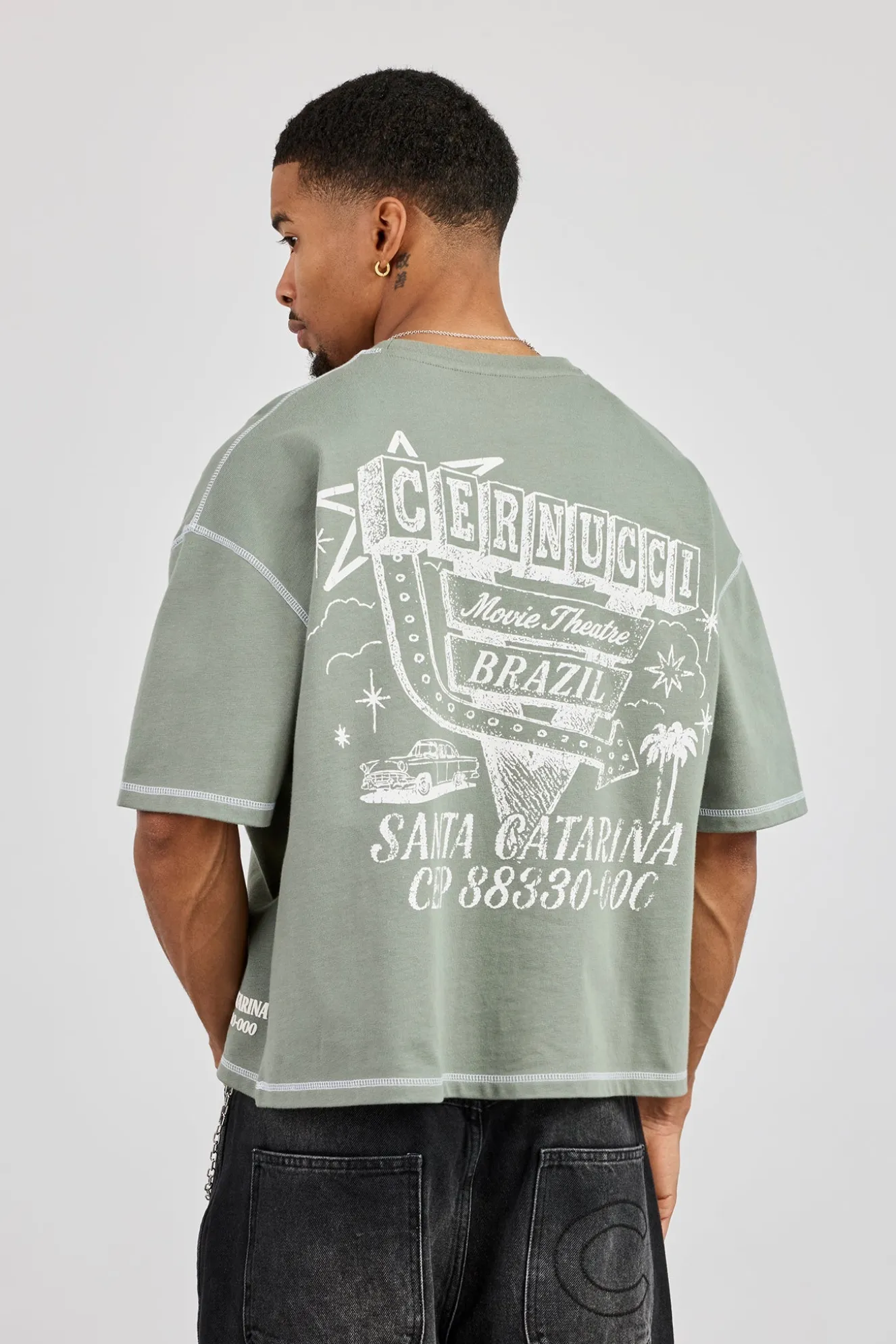 Boxy Movie Theatre Graphic T-Shirt - Dusty Green