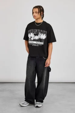 Boxy Palm Embroidered T-Shirt - Black