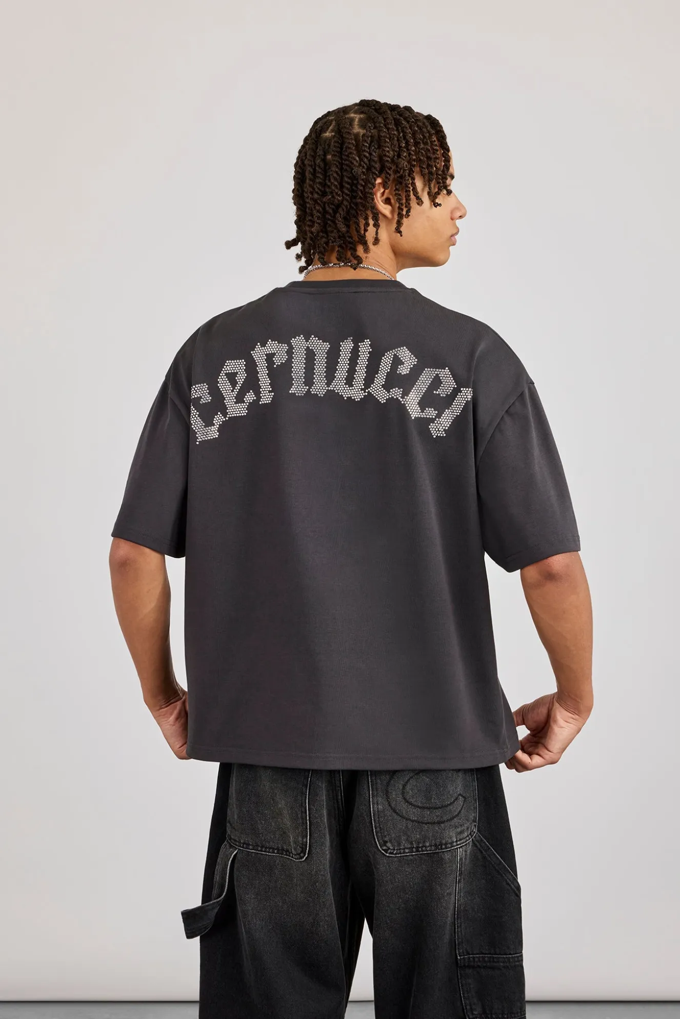 Boxy Rhinestone Logo T-Shirt - Charcoal