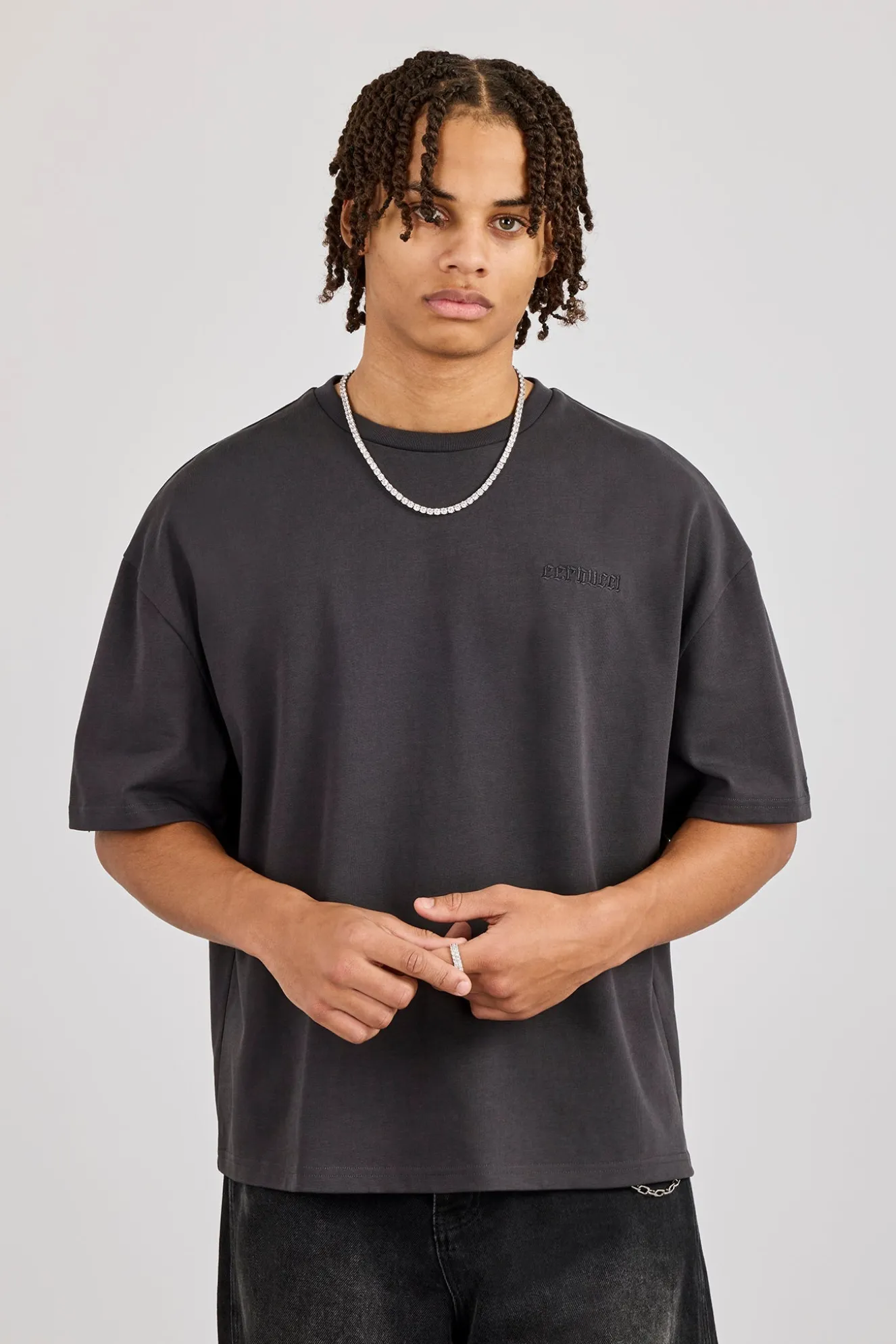 Boxy Rhinestone Logo T-Shirt - Charcoal