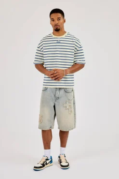 Boxy Stripe Logo Embroidered T-Shirt - Lemon
