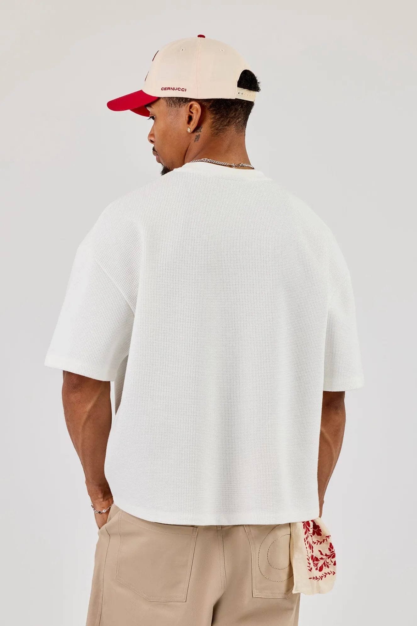 Boxy Waffle Contrast Print T-Shirt - Off White