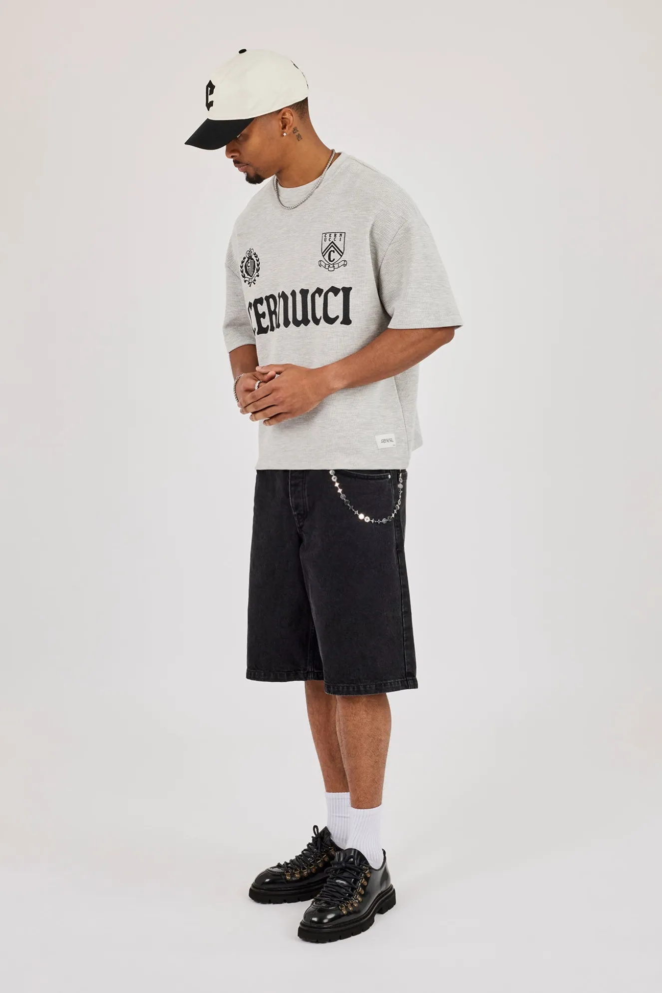 Boxy Waffle Print T-Shirt - Grey
