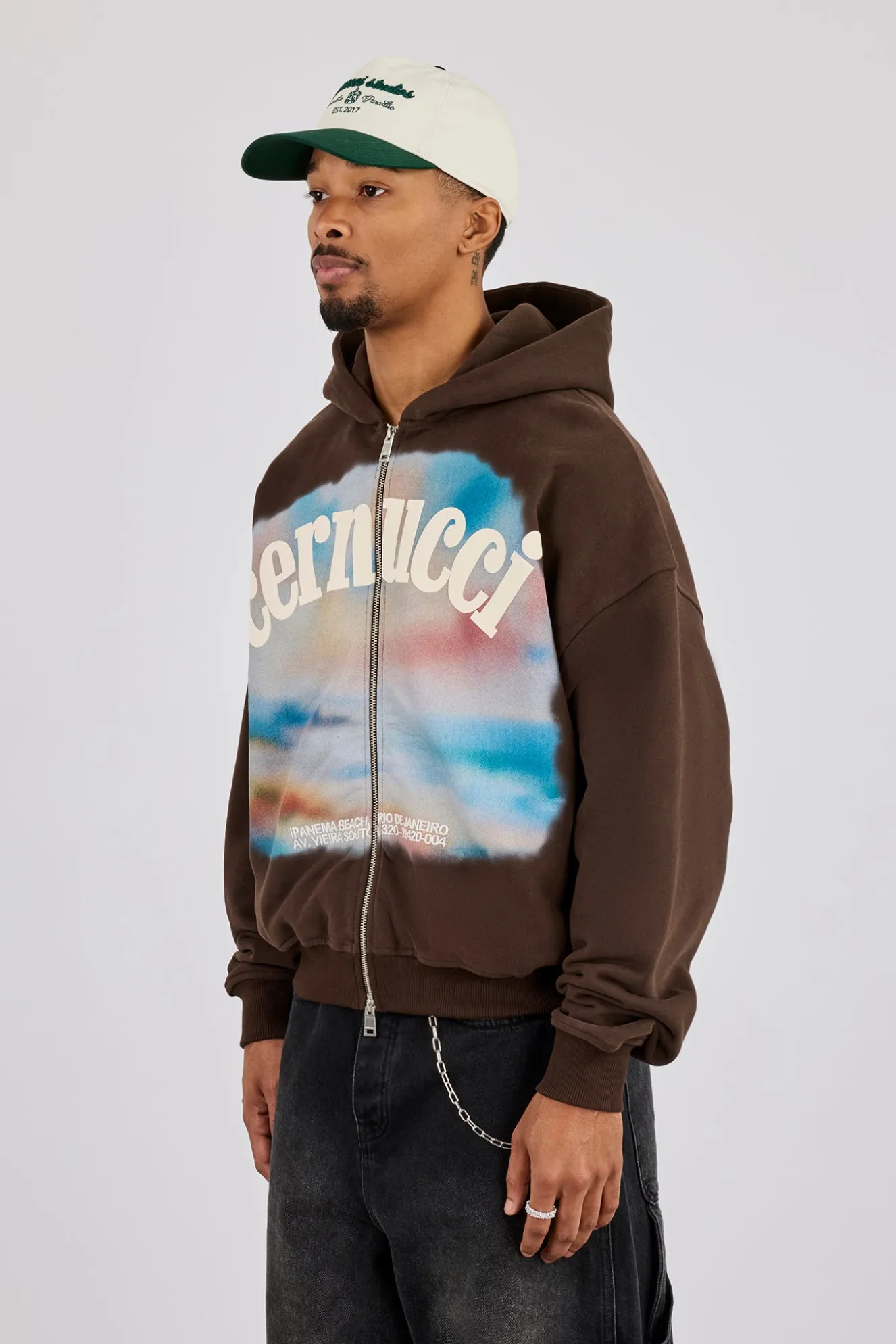 Boxy Zip Through Printed Hoodie - Chocolate