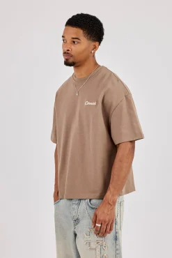 Brazil Map Chain Stitch Boxy T-Shirt - Taupe