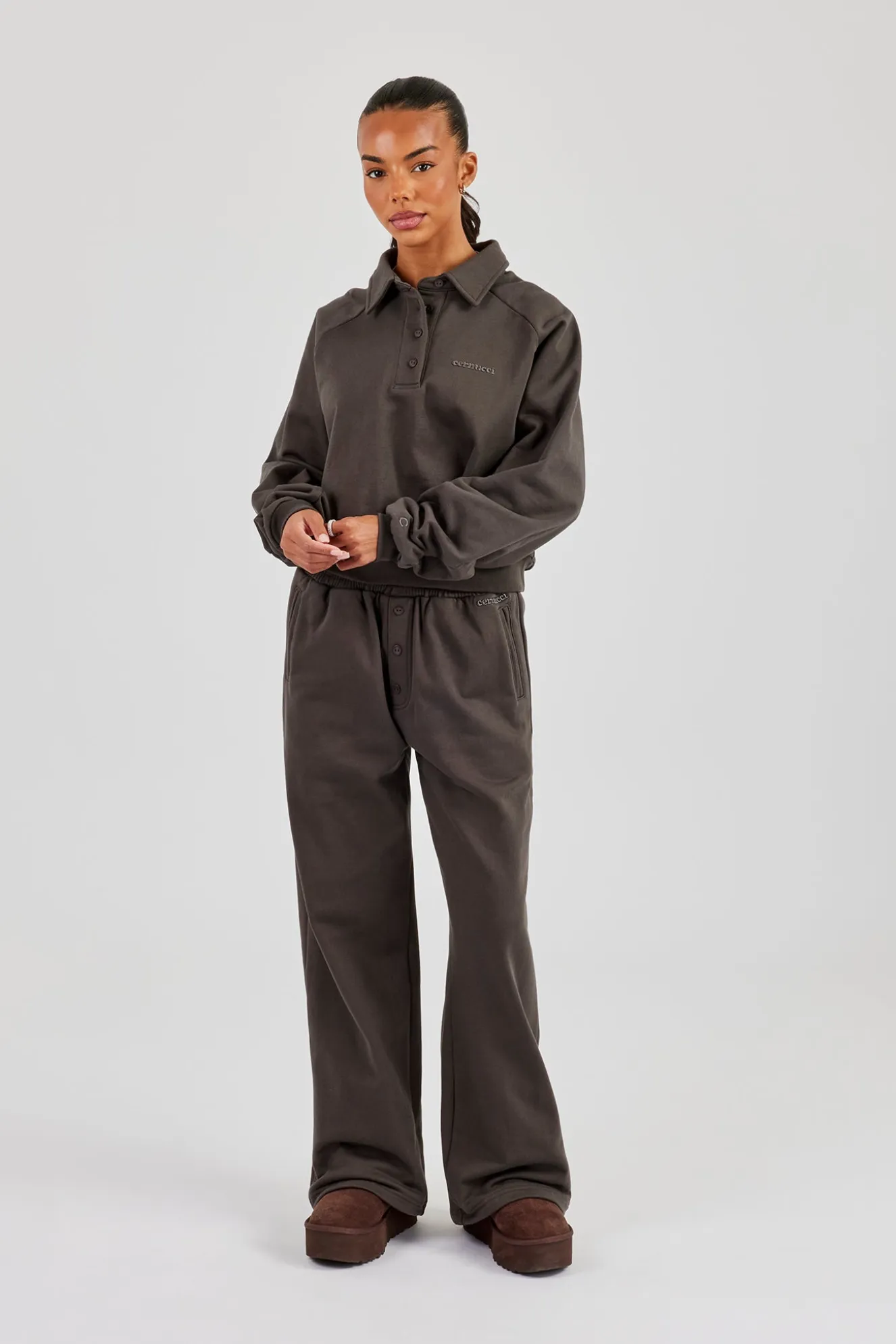 Buttoned Detail Wide Leg Jogger - Coffee