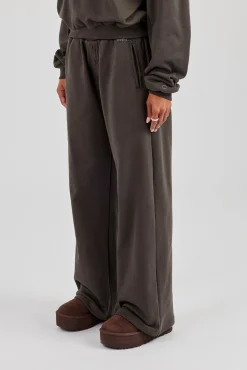 Buttoned Detail Wide Leg Jogger - Coffee