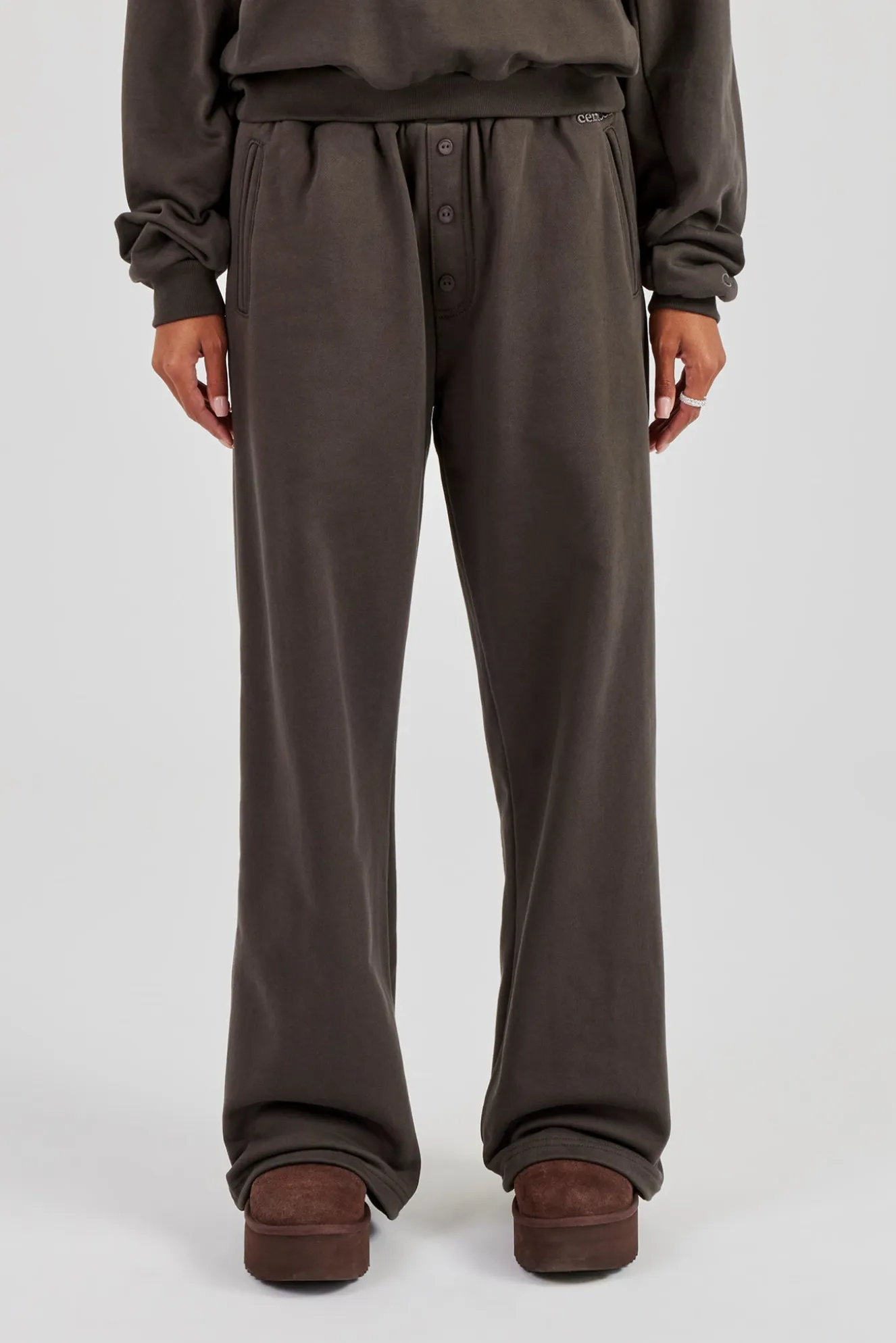 Buttoned Detail Wide Leg Jogger - Coffee