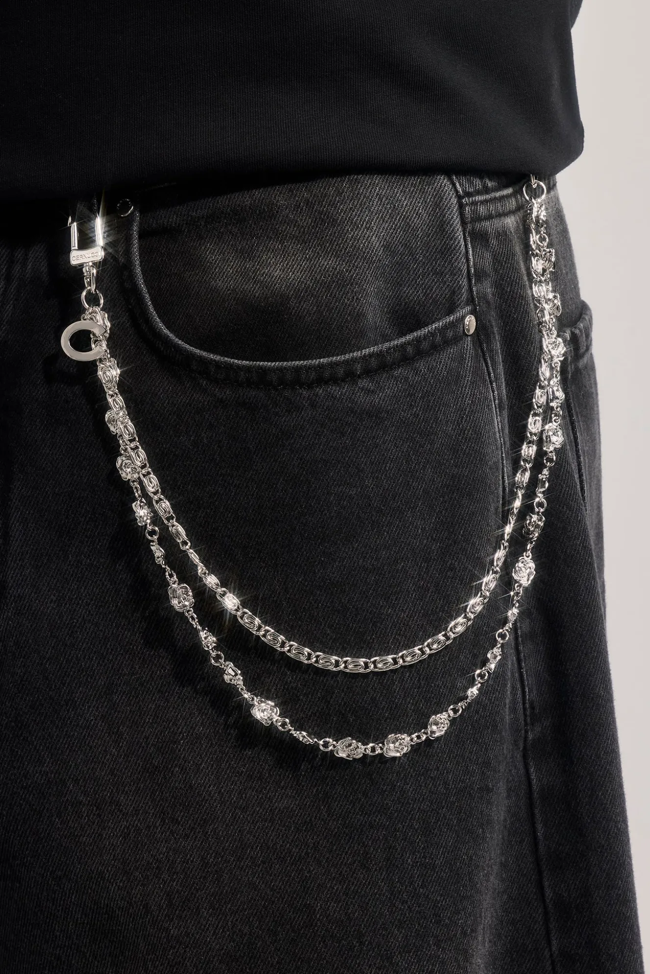 C Branded Double Layer Rose Motif Jean Chain - 10mm - White