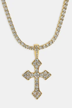 Celtic Cross Pendant Tennis Necklace - 35mm - Gold