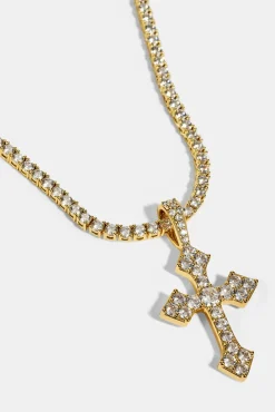 Celtic Cross Pendant Tennis Necklace - 35mm - Gold