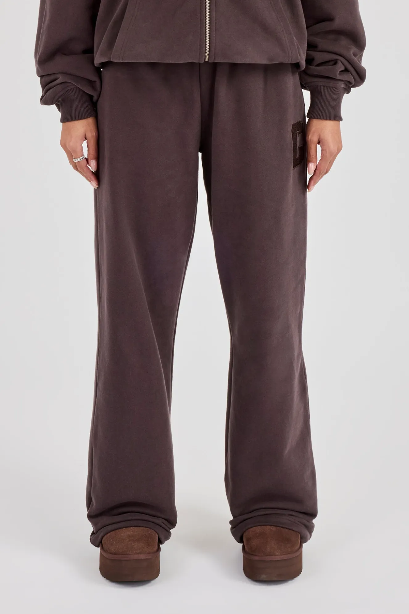 C Embroidered Wide Leg Jogger - Coffee