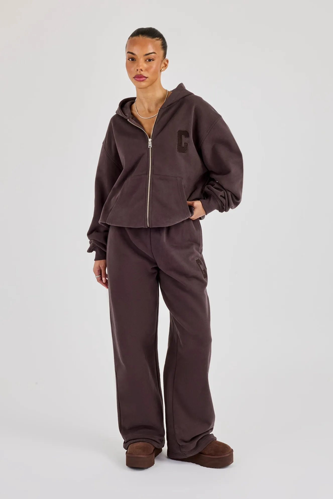 C Embroidered Wide Leg Jogger - Coffee
