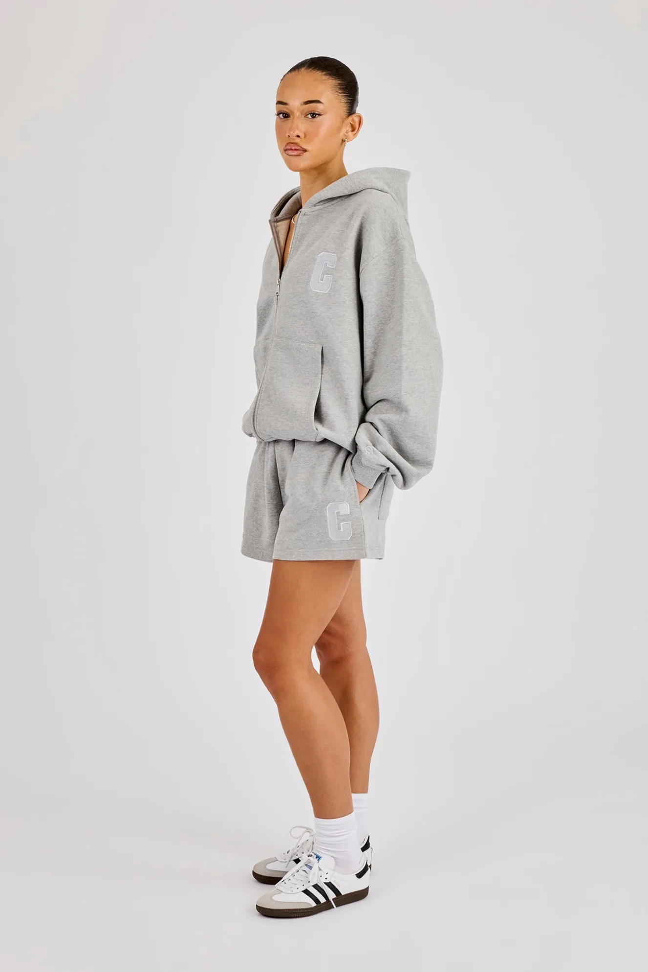 C Embroidered Zip Through Hoodie & Short - Grey Marl