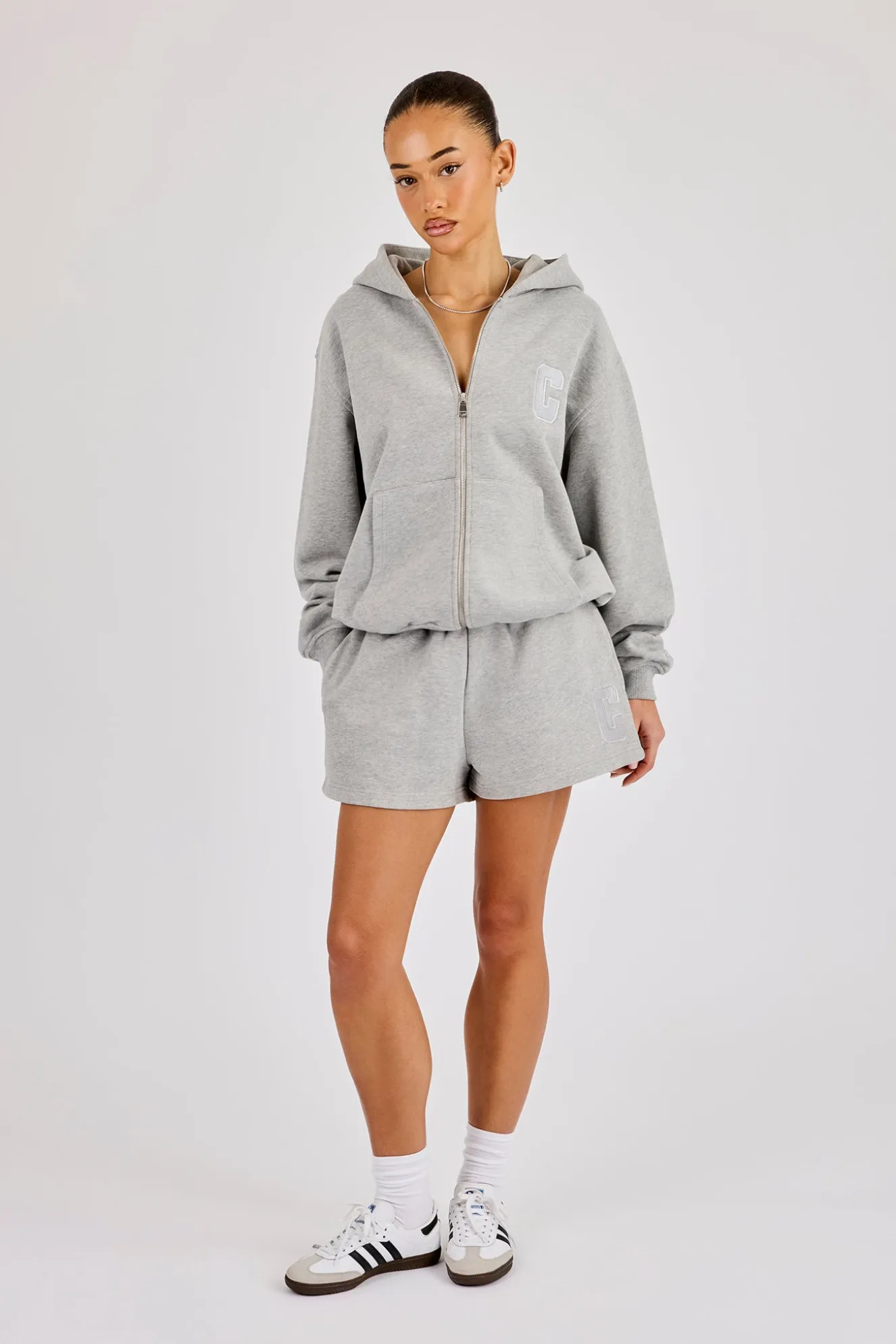 C Embroidered Zip Through Hoodie & Short - Grey Marl