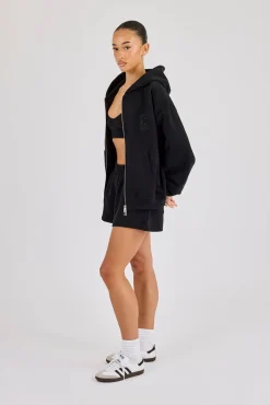 C Embroidered Zip Through Hoodie & Short - Black