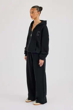 C Embroidered Zip Through Hoodie & Wide Leg Jogger - Black