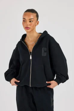 C Embroidered Zip Through Hoodie - Black