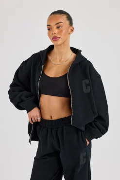 C Embroidered Zip Through Hoodie - Black