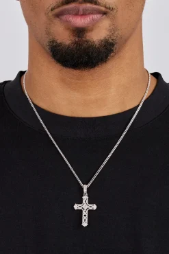 Centre Stone Cross Pendant Necklace - 25mm - White