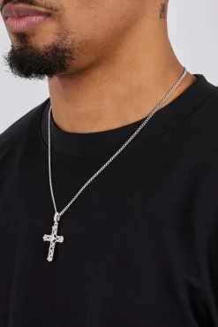 Centre Stone Cross Pendant Necklace - 25mm - White