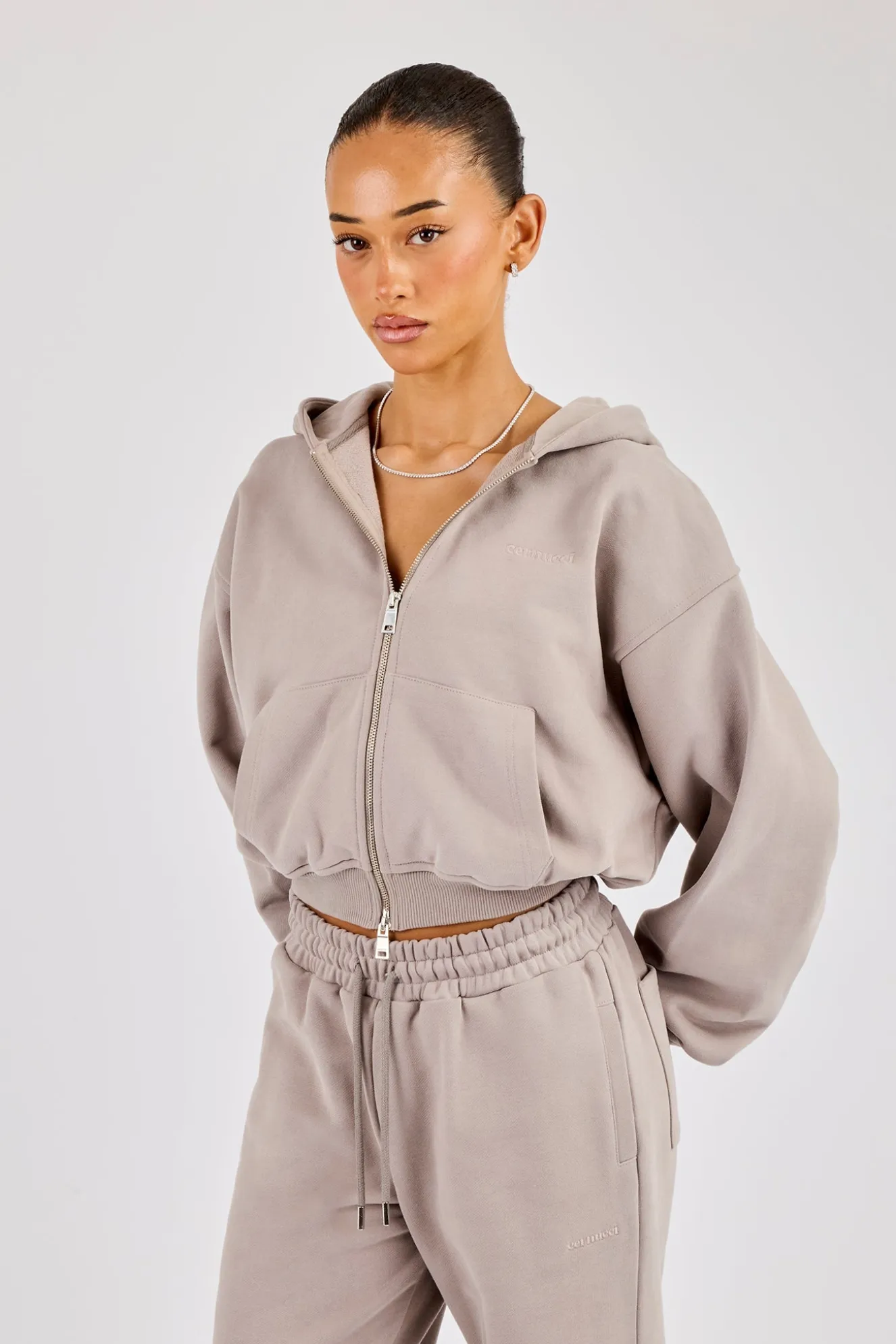 Cernucci Cropped Zip Through Hoodie - Stone