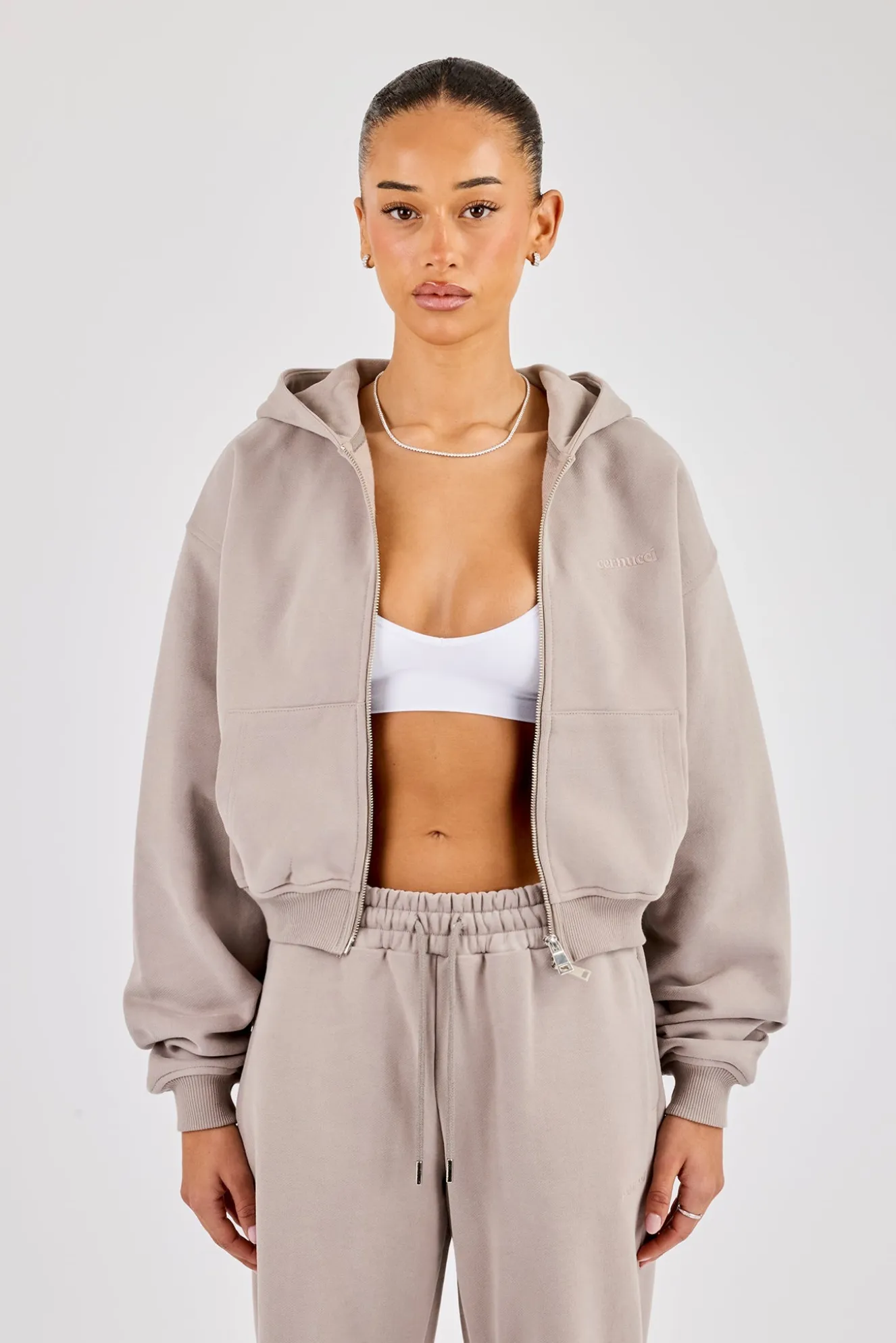 Cernucci Cropped Zip Through Hoodie - Stone