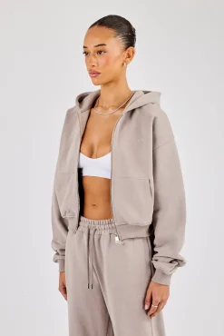 Cernucci Cropped Zip Through Hoodie - Stone