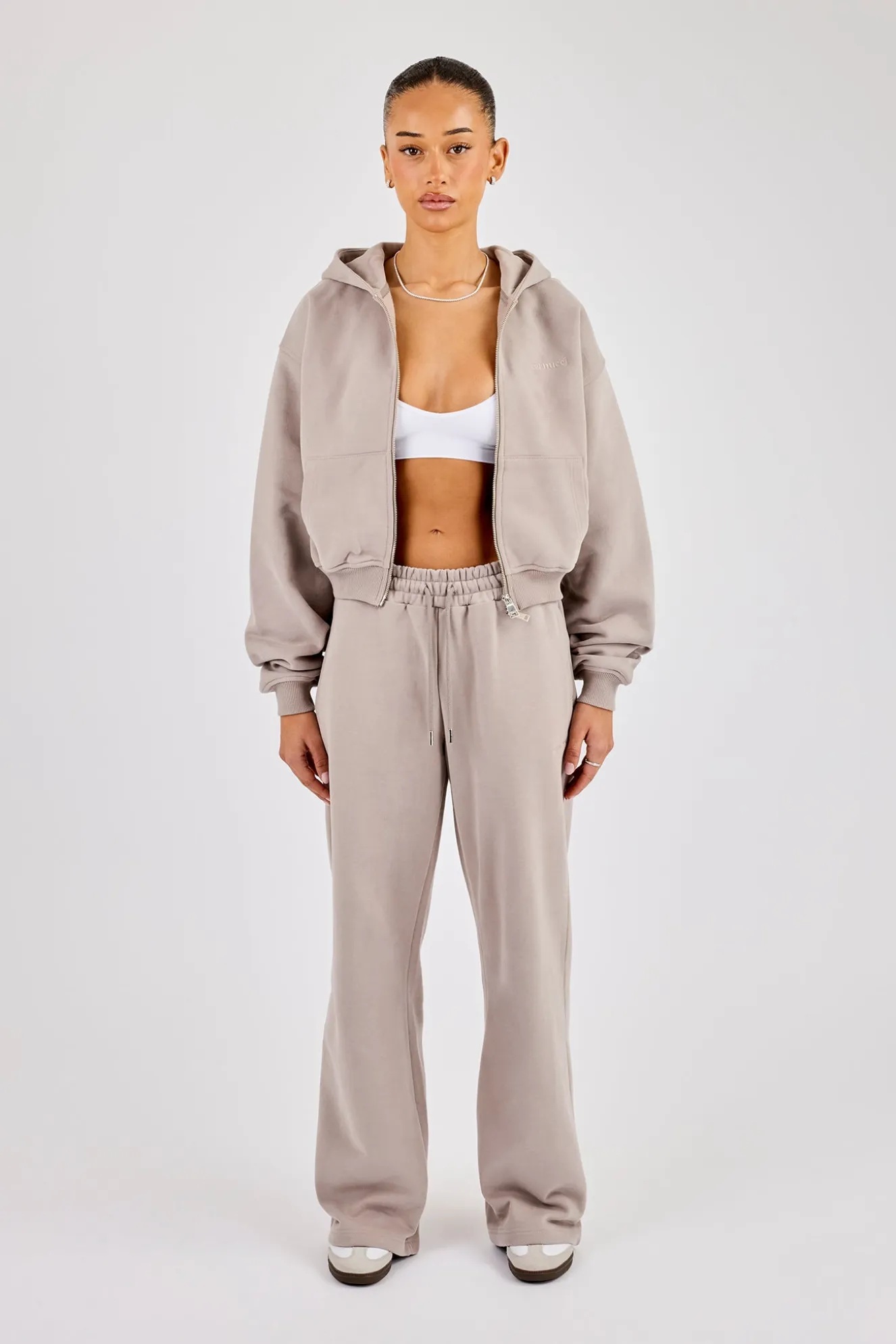 Cernucci Cropped Zip Through Hoodie & Wide Leg Jogger - Stone