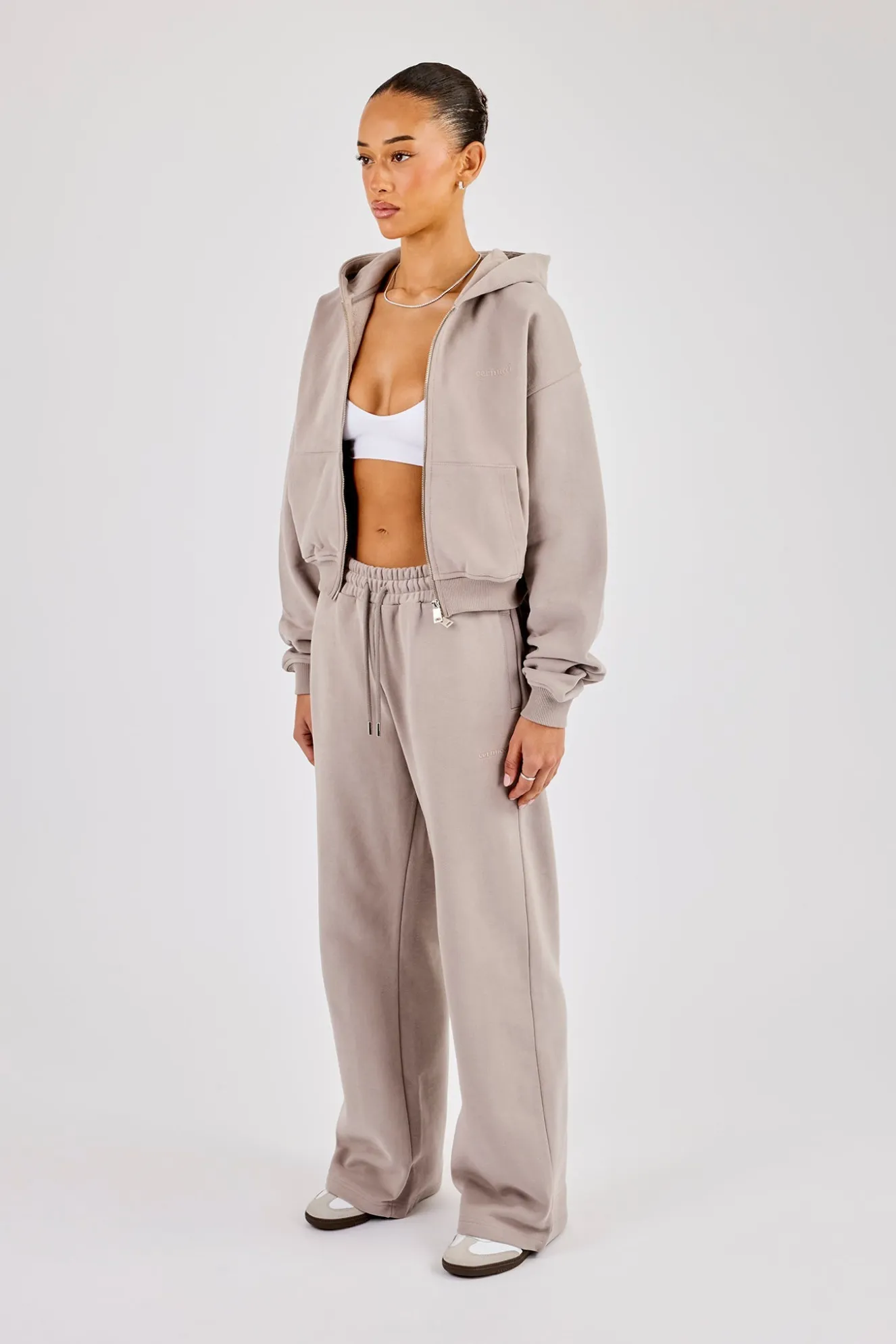 Cernucci Cropped Zip Through Hoodie & Wide Leg Jogger - Stone