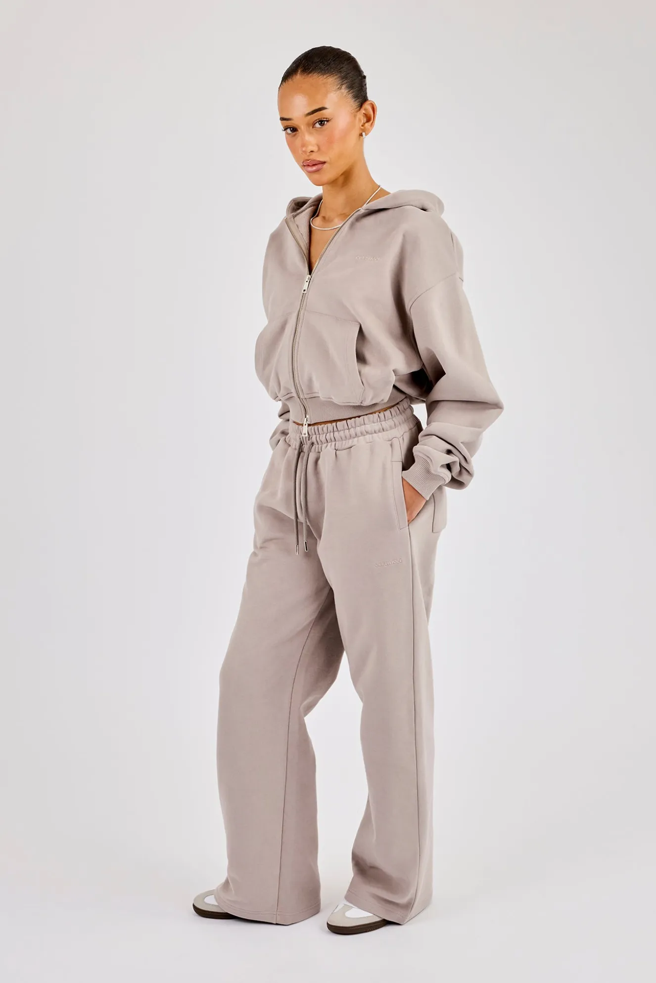 Cernucci Cropped Zip Through Hoodie & Wide Leg Jogger - Stone