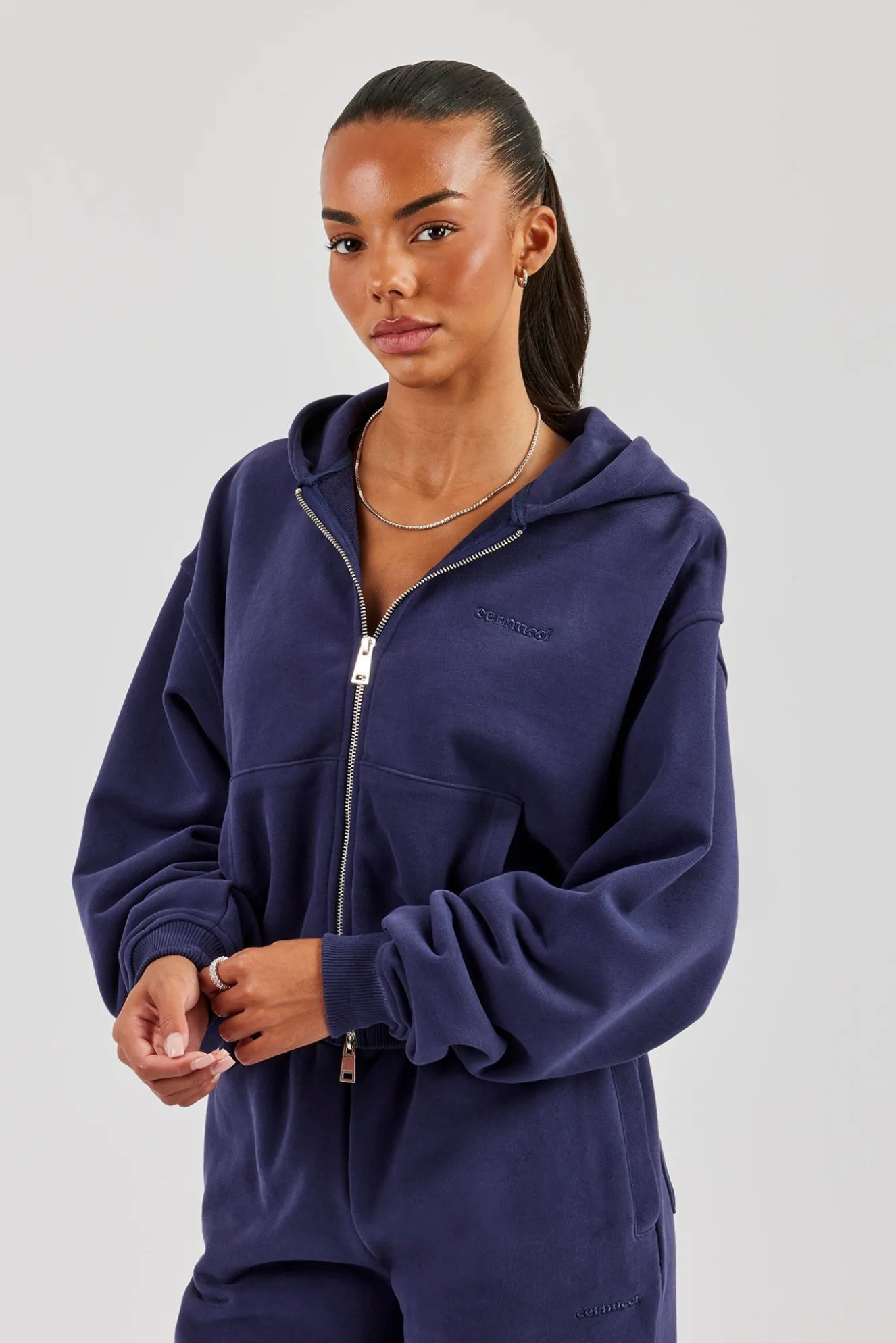 Cernucci Cropped Zip Through Hoodie - Navy