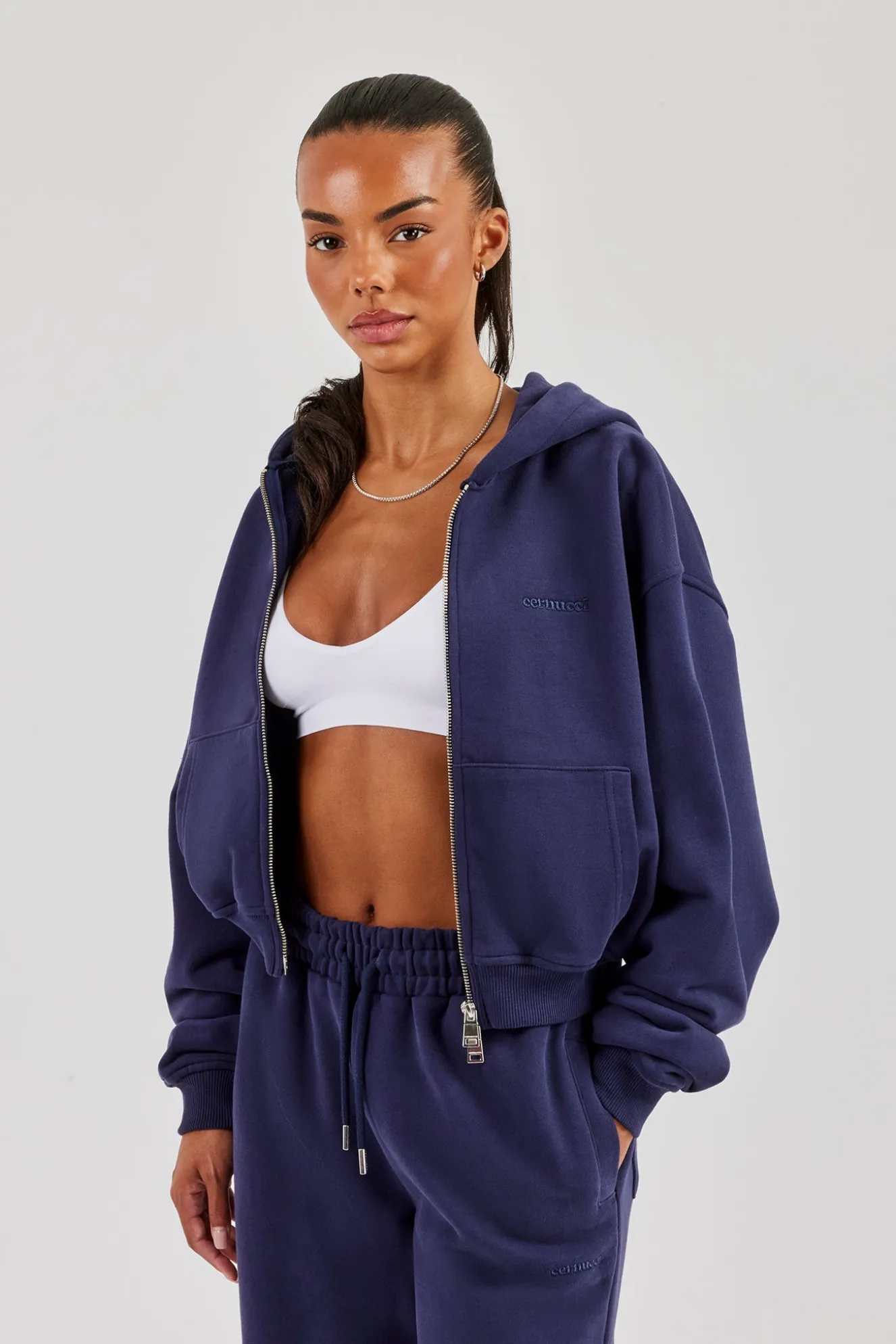 Cernucci Cropped Zip Through Hoodie - Navy