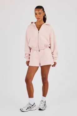 Cernucci Cropped Zip Through Hoodie & Embroidered Short - Dusty Pink