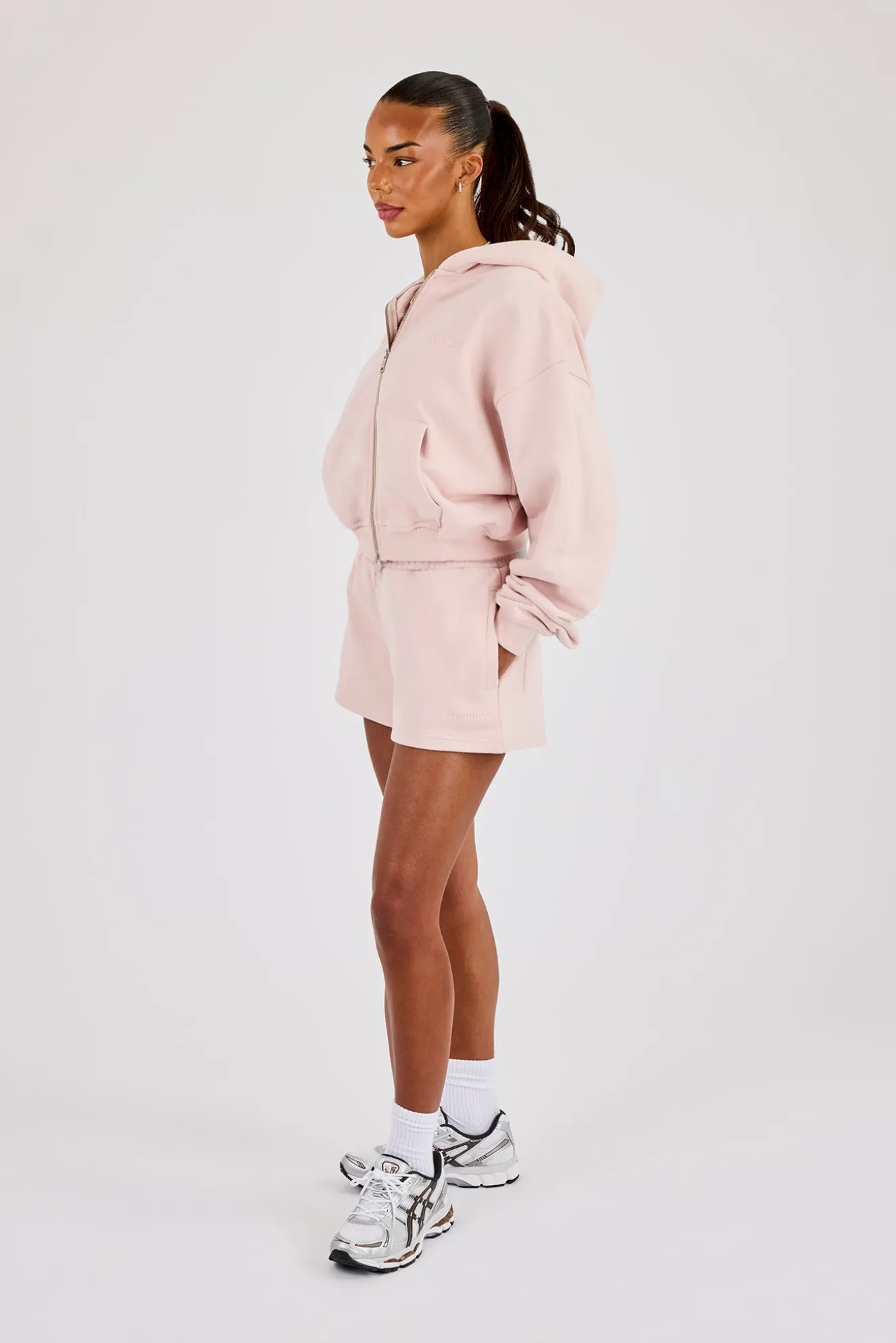 Cernucci Cropped Zip Through Hoodie & Embroidered Short - Dusty Pink