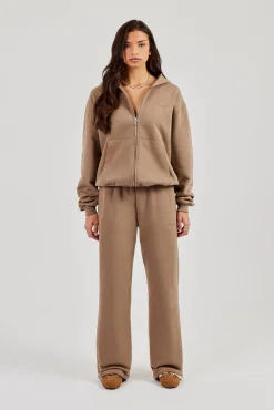 Cernucci Oversized Zip Through Hoodie Wide Leg Jogger - Taupe